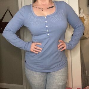 Cute Vintage Downtown Girl Elena Gilbert Baby Blue Beaded Henley Long Sleeve Top